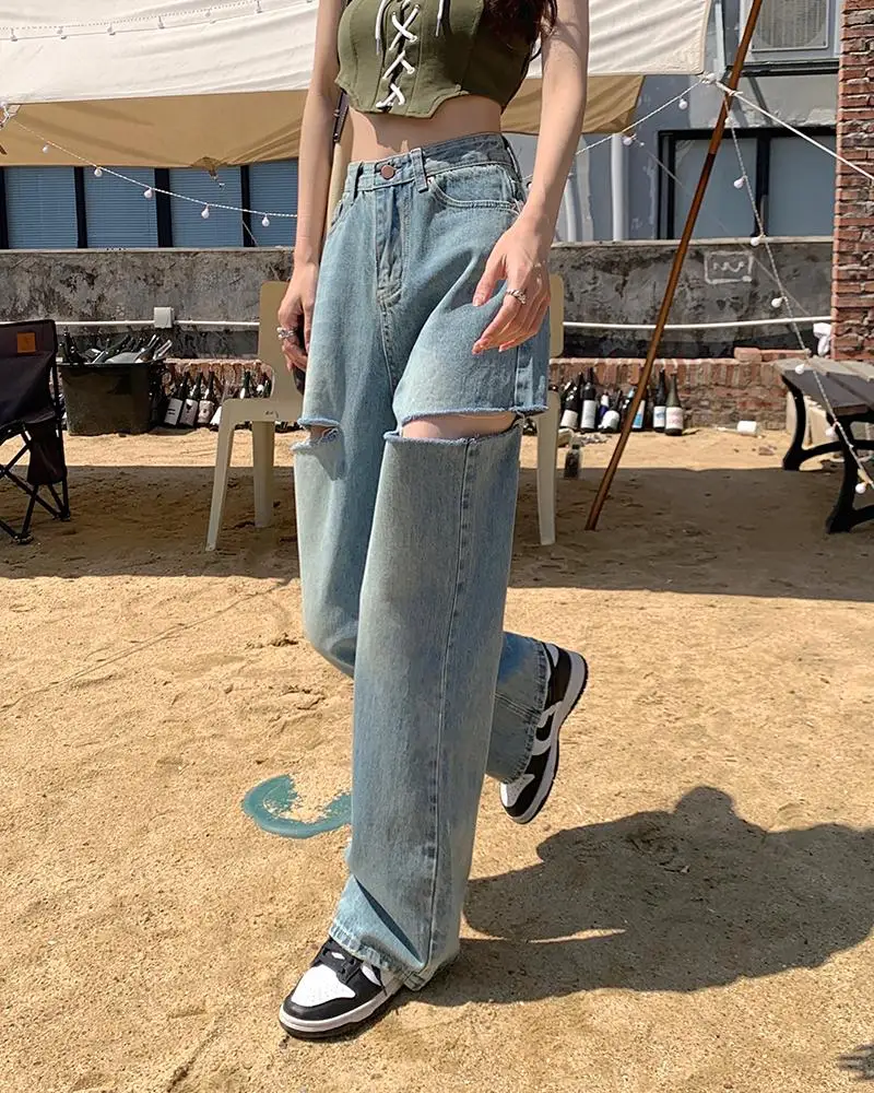 Женские рваные прямые джинсы с высокой талией синие джинсовые брюки Y2k Корейская