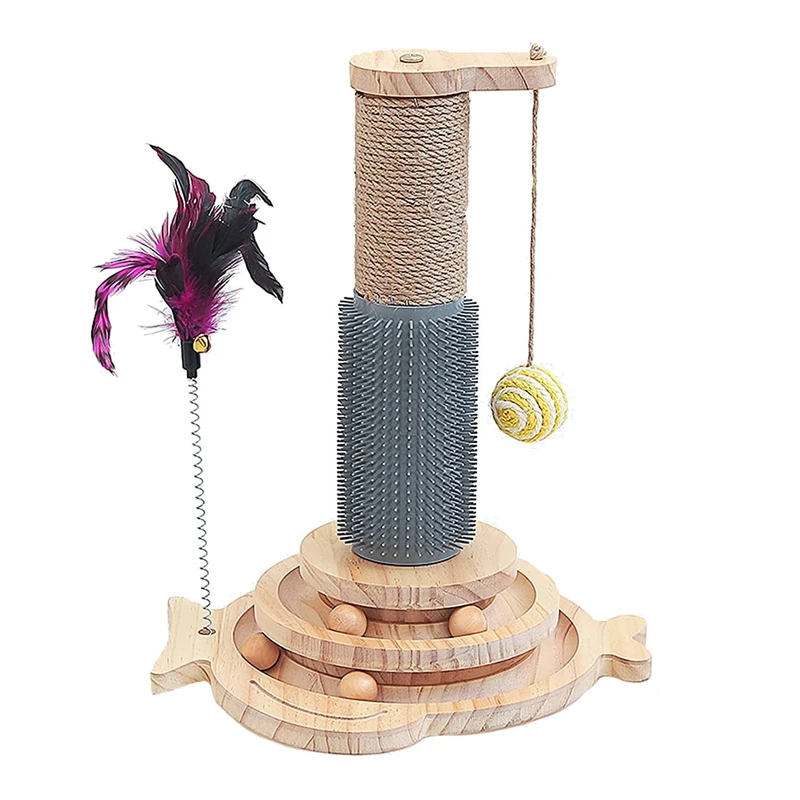 

Cat Scratching Post With 2 Cat Toys Ball Tracks, Sisal And Wood, Interactive Cat Toys For Indoor Cats With Massage Comb