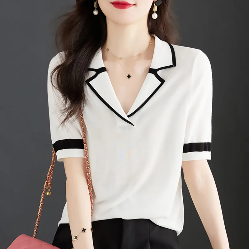 

Black White Patchwork Loose Knitted T Shirt Women Tshirts Short Sleeve Tops Korean Style Clothes 2023 Summer Tees Shirt Femme