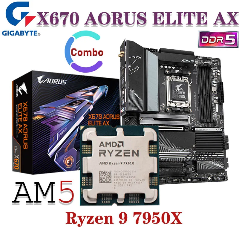

New AM5 Motherboard Combo Gigabyte GA X670 AORUS ELITE AX + AMD R9 7950X CPU Desktop X670 Ryzen 7000 Series DDR5 128GB PCI-E 5.0