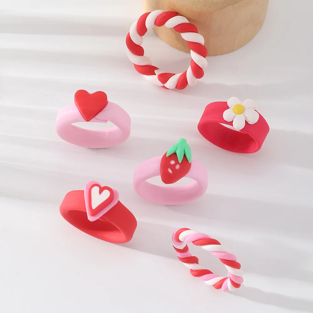 Весеннее акриловое Радужное кольцо для девушек, корейская мода, кольцо с цветком любви, кольца с милой клубникой, аксессуары, ювелирные изделия