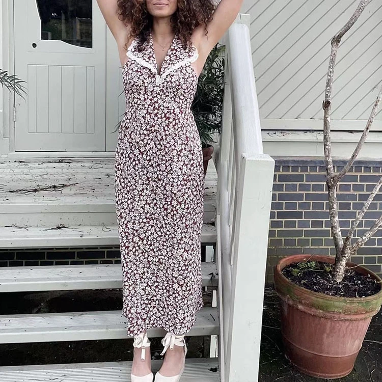 

Daisy Print Women Midi Dress Holiday Wear Lace Temperament lady Halter Backless dress 2022 Summer New