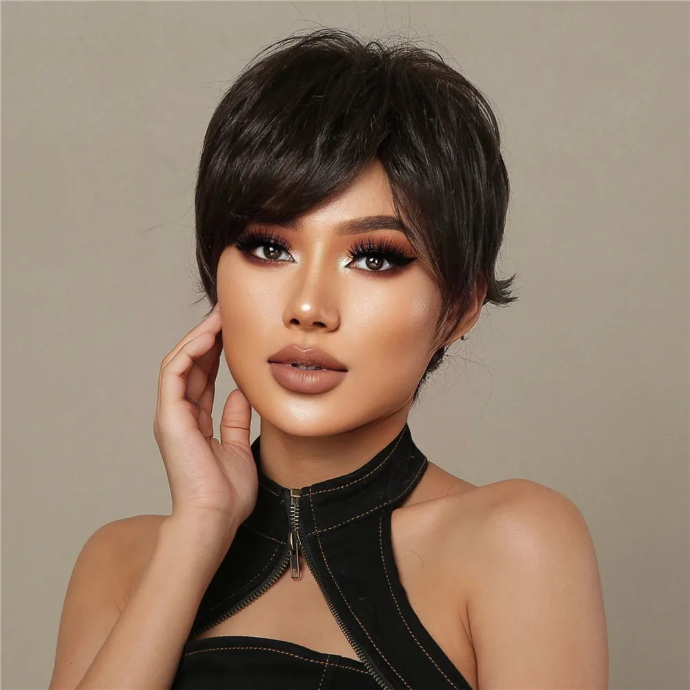 

Pixie Cut Short Wigs Women Natural Black Wavy Wig 30% Human Hair Blend Synthetic Fiber Daily Use Cosplay Heat Resistant Female