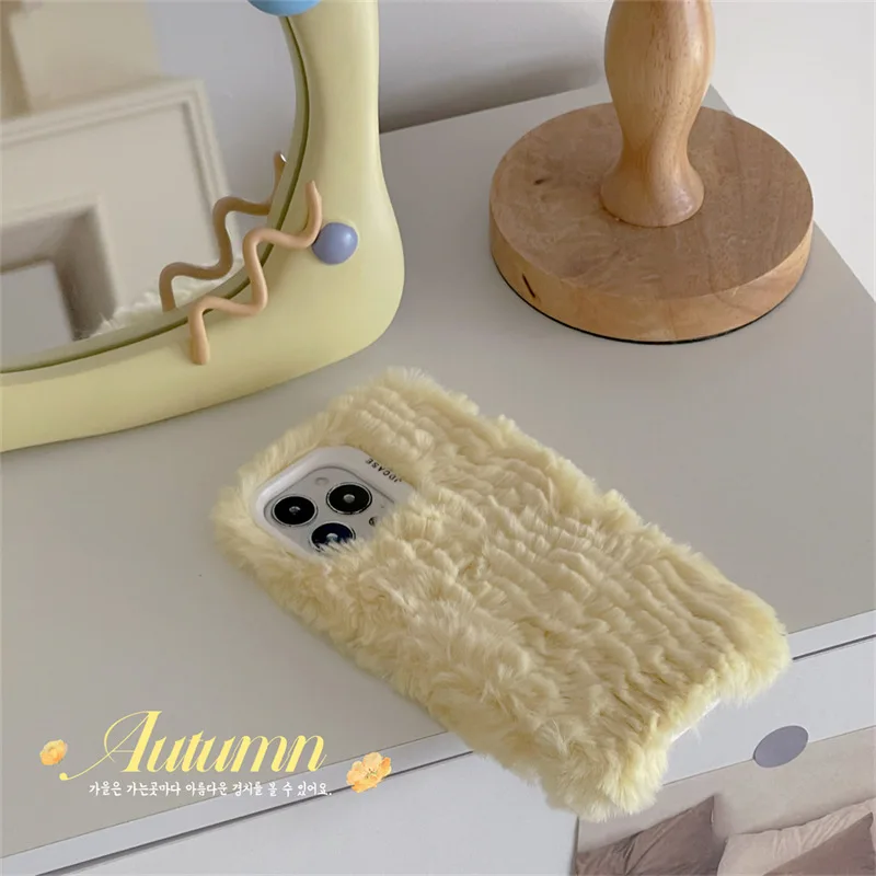 Lns Korean Style Cute Fluffy Fur Phone Case For Iphone 16 14 13 12 11 Pro MAX X XS XR 15 Girl Cover Soft Plush Coat Coque