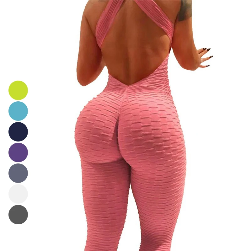 Ruched Back Yoga Pants Sexy Backless Sport Fitness Buttocks  One Piece Yoga Jumpsuit Loop Catsuit Bodysuit Wrinkle Catsuit