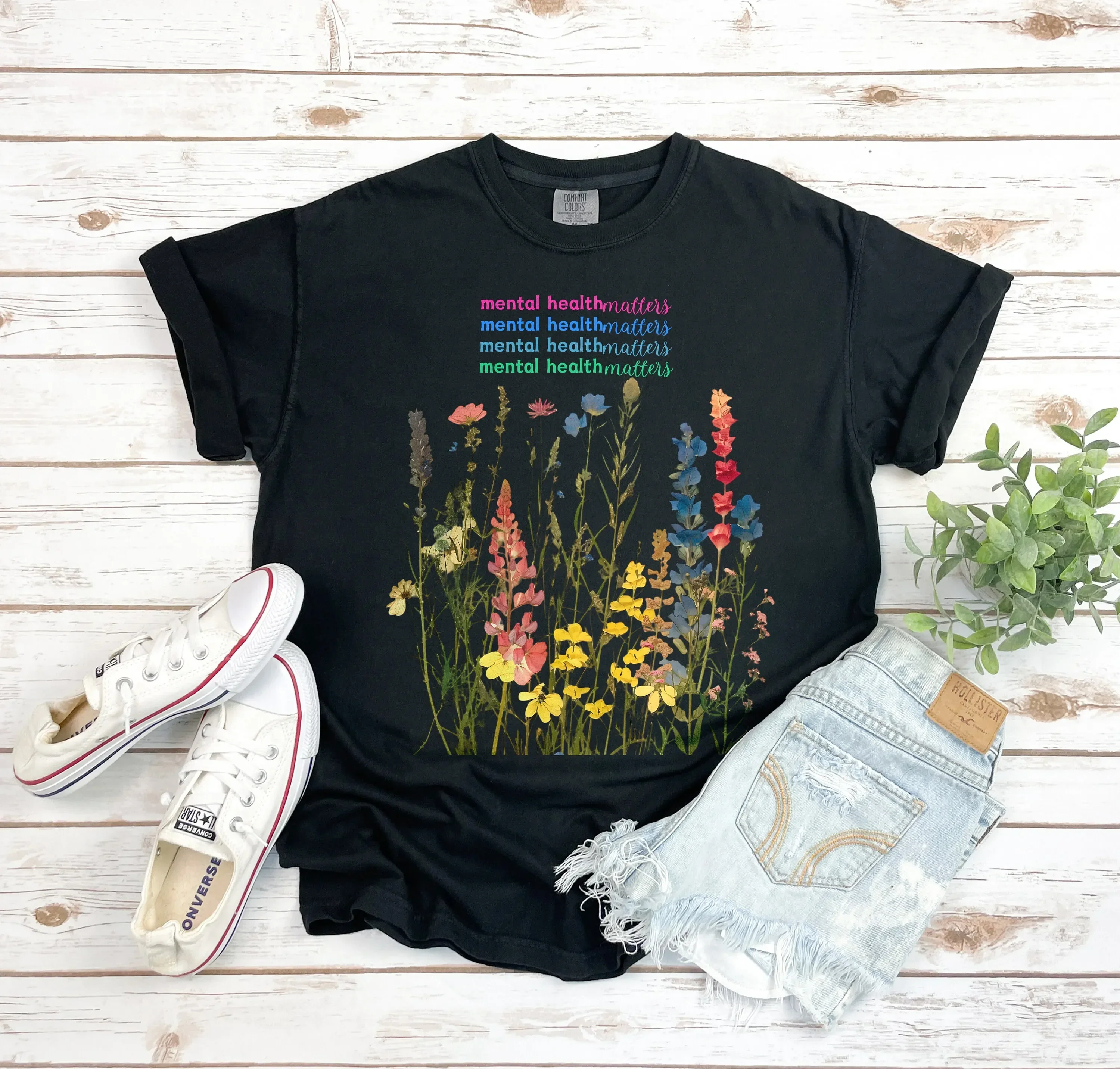 Фото Футболка с цветочным принтом «Mental Health Matters Wild Flowers» в винтажном стиле, с цветочным узором, для нее, Rbt №1