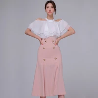 womens new summer high end temperament korean stand collar off shoulder ruffle top fashion waist slit skirt two piece suit