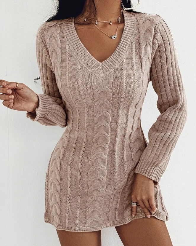 

Sexy Knit Sweater Dresses for Women 2023 Elegant Cable Knit Long Sleeve Sweater Dress 2023 Autumn Spring New Fashion Casual