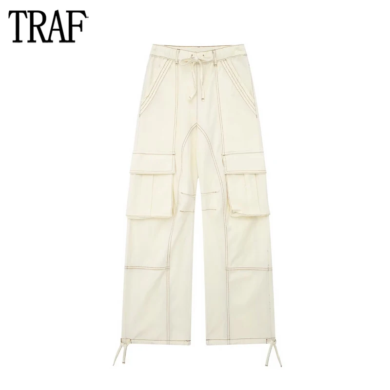 TRAF 2023 Cargo Pants for Women Beige Wide Leg Pants Women Summer High Waist Woman Trousers Holiday Casual Baggy Pants Woman