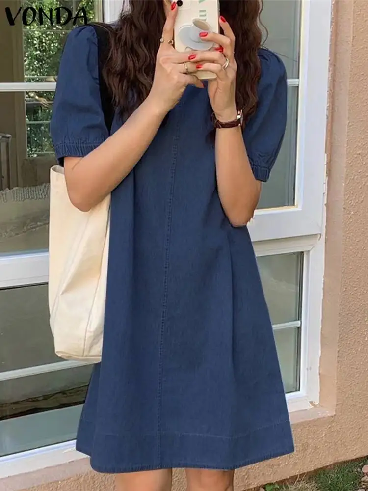

VONDA 2022 Стильное женское повседневное уличное ТРАПЕЦИЕВИДНОЕ ПЛАТЬЕ С Коротким Рукавом женское платье с круглым вырезом джинсовое короткое ...