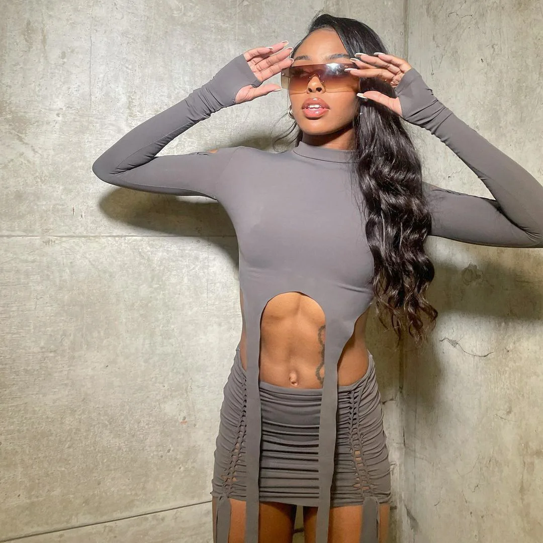 Женский короткий топ + юбки в стиле Stes новая мода однотонный тонкий костюм с