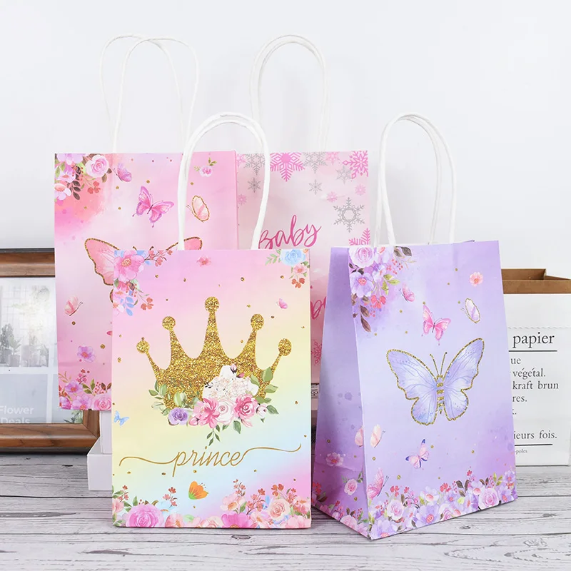 

5pcs Butterfly Gift Bags Pink Purple Flowers Paper Bags With Handle Kid Birthday Baby Shower Party Decoration Candy Packing Bag