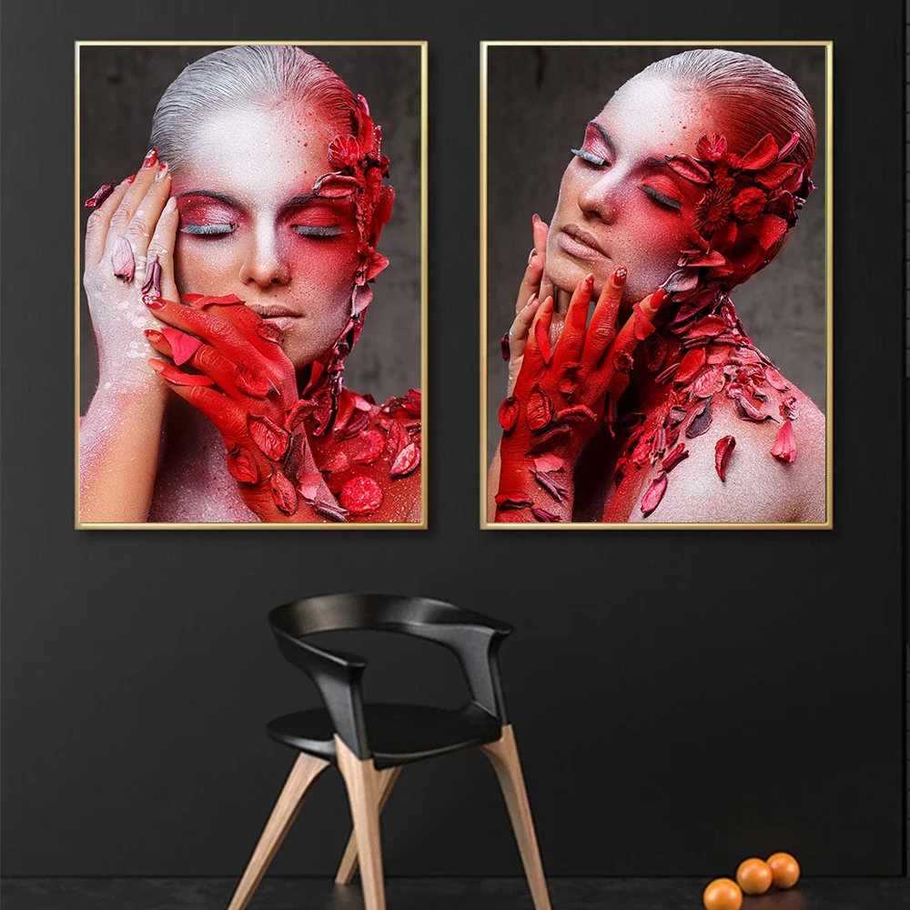 

Rose Petal Woman Beauty Makeup Poster Prints Salon Home Decor Modern Sexy Nude Flower Girl Canvas Painting Wall Art Aesthetic
