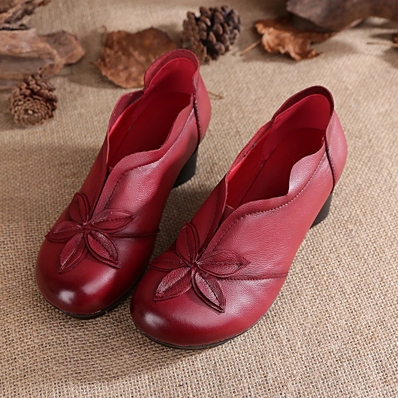 

Туфли женские винтажные из натуральной кожи, с V-образным вырезом и цветочным принтом