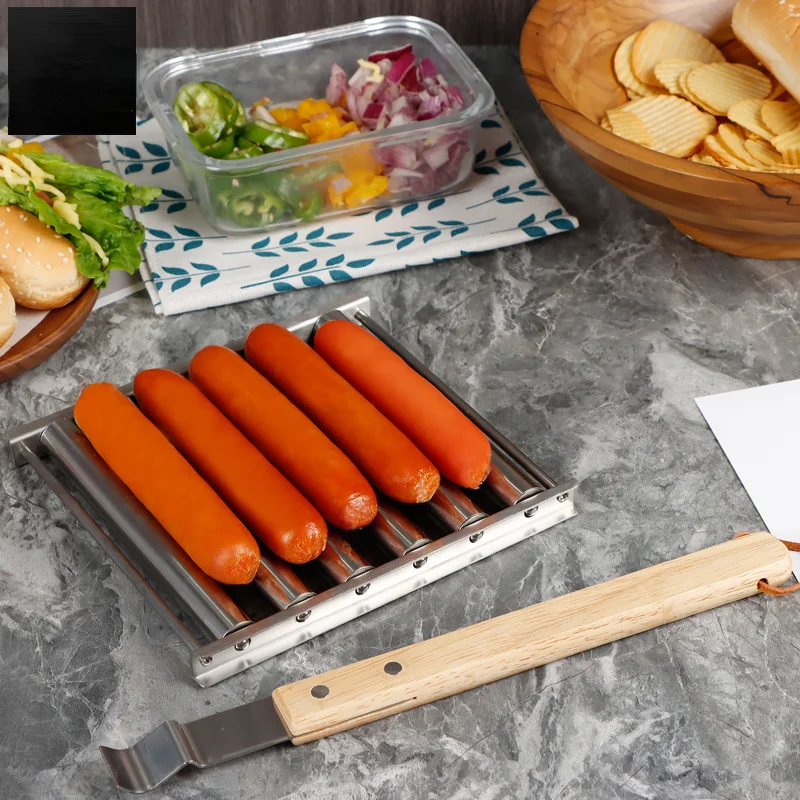 

Outdoor Courtyard Barbecue Stainless Steel Hot Dog Sausage Grill with Wooden Handle Stainless Steel BBQ Hot Dog Rack Tools