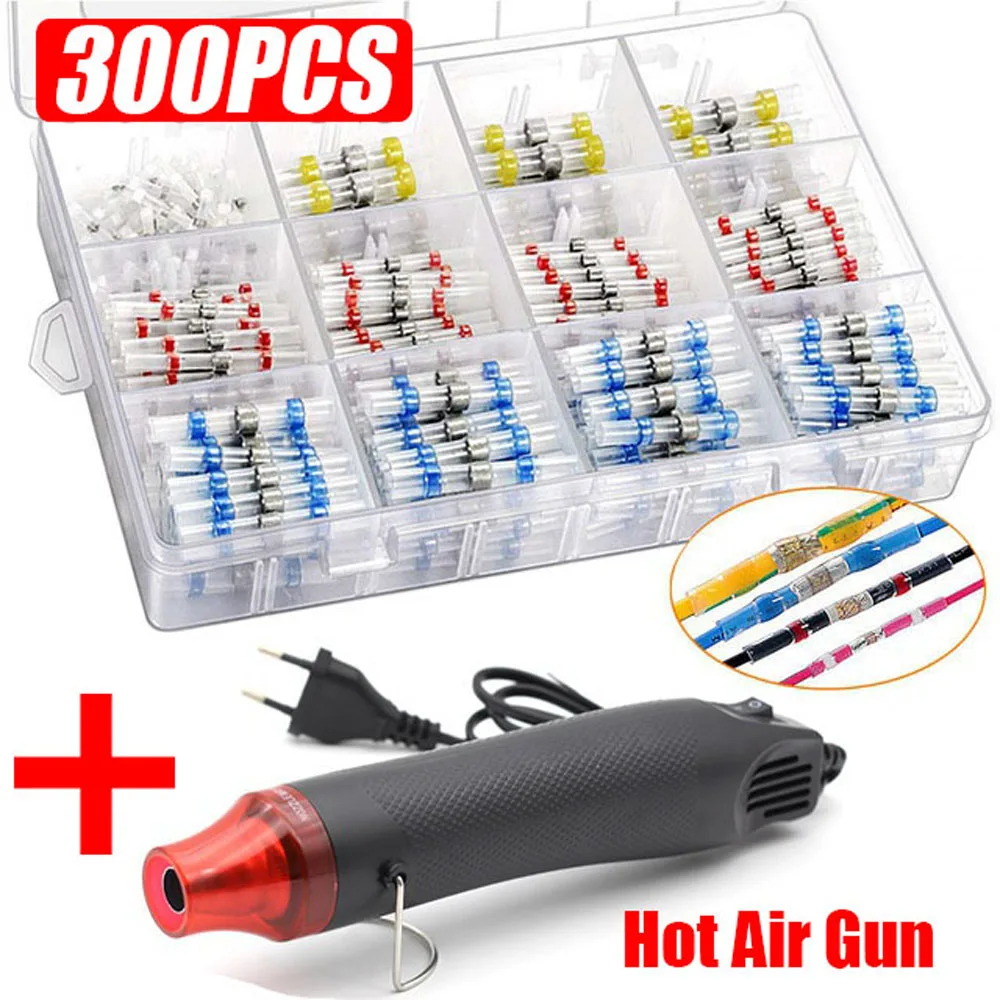 

50/300PCS Waterproof Heat Shrink Butt Crimp Terminals Solder Seal Electrical Wire Cable Splice Terminal Kit with Hot Air Gun