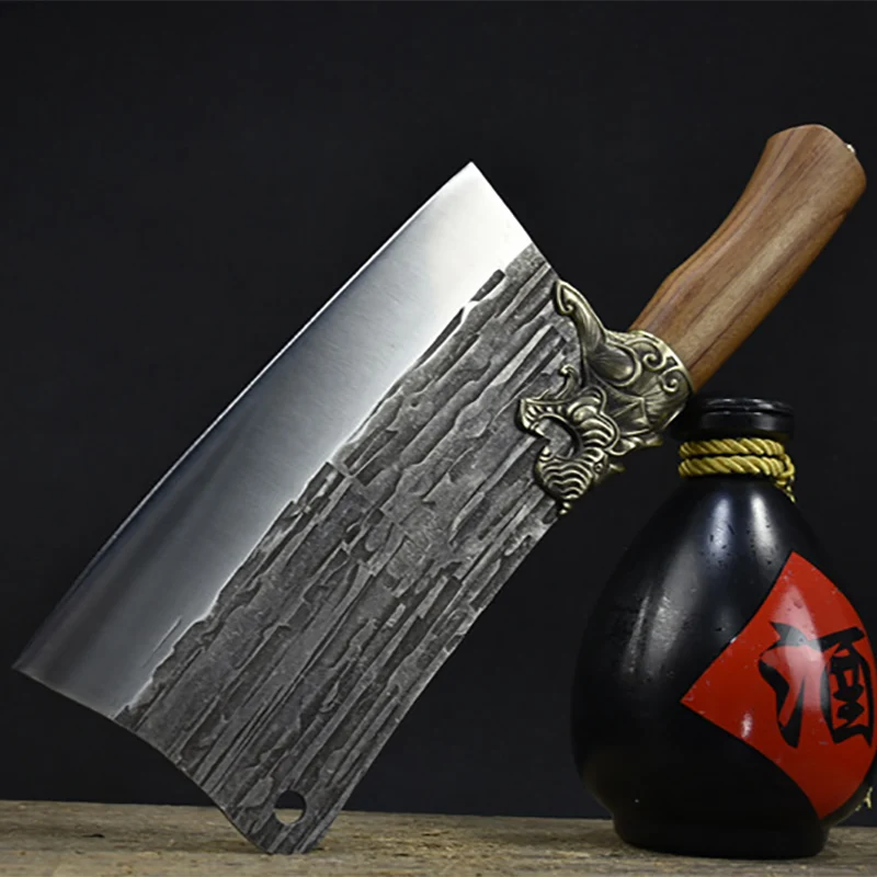 

9 Inch Chefs Cleaver Knife Handmade Forged Slicing Longquan Kitchen Knife Vegetables Meat Poultry Tools Copper Decor Wood Handle