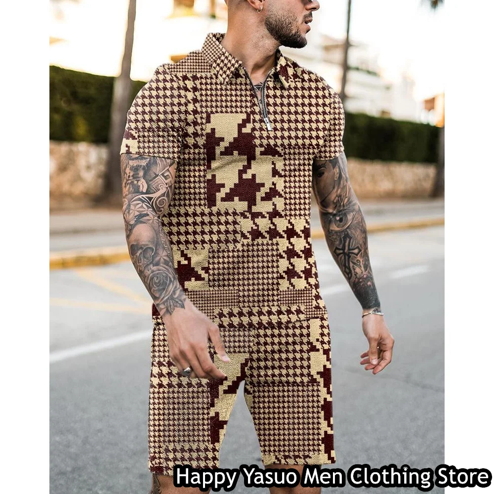 New IN Summer Men Luxury Polo Shirt Set 2 Pieces Casual Tracksuit Fashion Outfit Male Suit 3D Vintage Plaid Printed Clothing