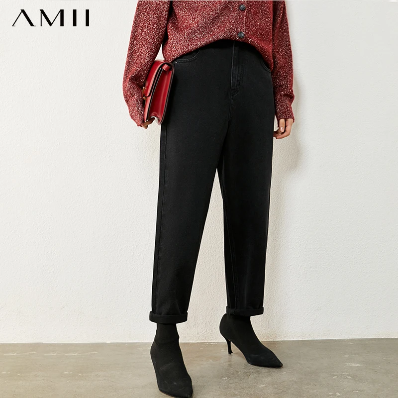 

Amii Minimalism Autumn Winter Jeans For Women Fashion Causal Solid High Waist Loose Ankel-length Pants Women 12040688