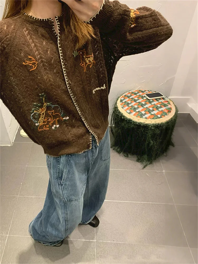 Вязаный крючком ажурный женский свитер трикотаж топ с круглым вырезом милые