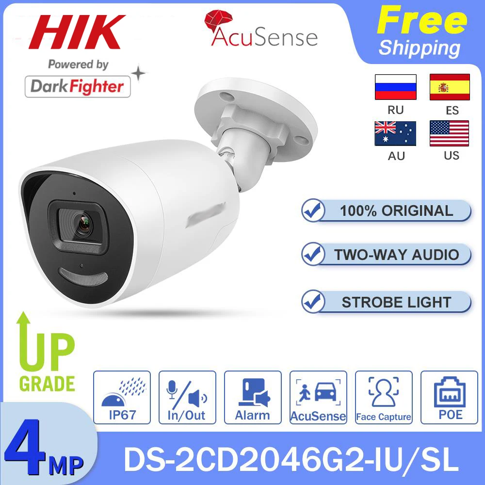 

HIK Original 4MP Acusence Bullet IP Camera DS-2CD2046G2-IU/SL Built-in Mic&Speaker Strobe Light Audio Alarm Surveillance Cameras