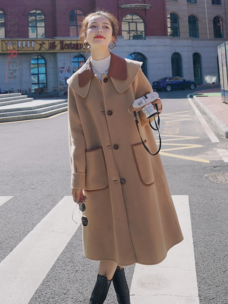 

LANMREM Sailor Collar Woolen Coat Korean Style Pockets Single Breasted Loose Long Overcoat Autumn Winter Clothing 2Q1057