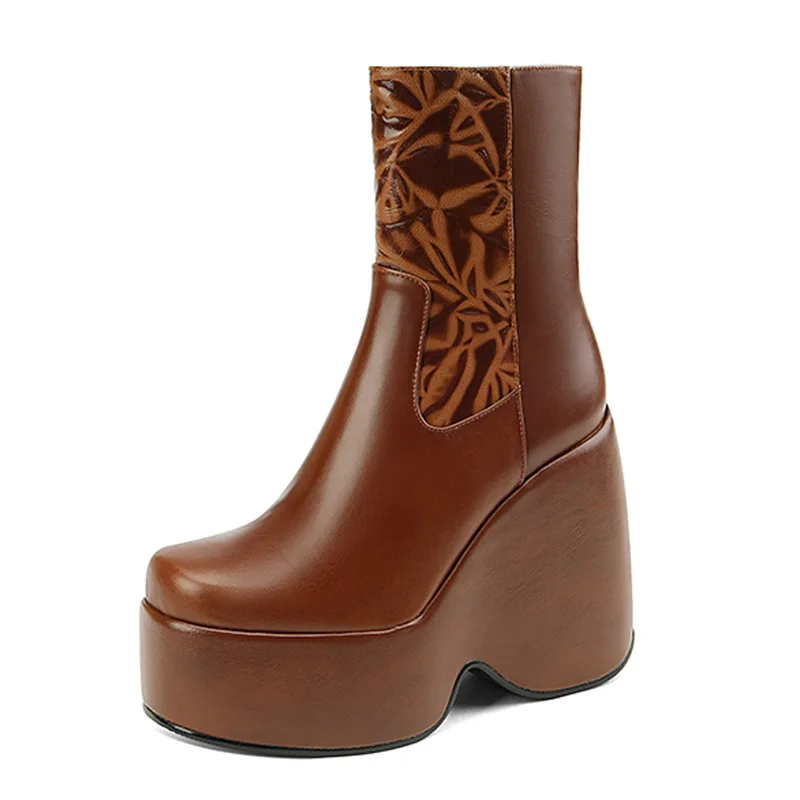 

2023 Autumn Winter Brand Genuine Leather Ankle Boots Women Totem Simple Platform High Heels Shoes Dress Party Wedding
