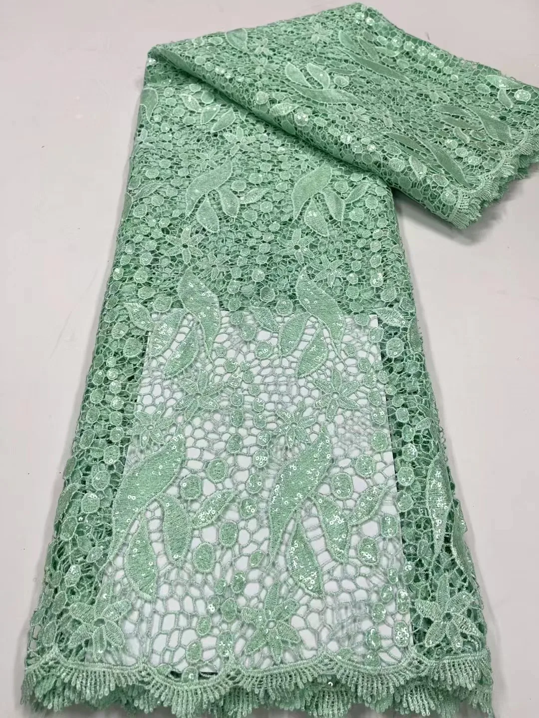 Latest Elegant High Quality 2023  African Embroidery Guipure Cord Lace with Sequins Fabric For Party Dress