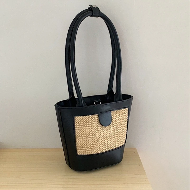 

Summer Vintage Straw Bucket Bag For Women Pu Leather Handbags Designer Shoulder Underarm Bag Casual Beach Top Handle Bag 2022