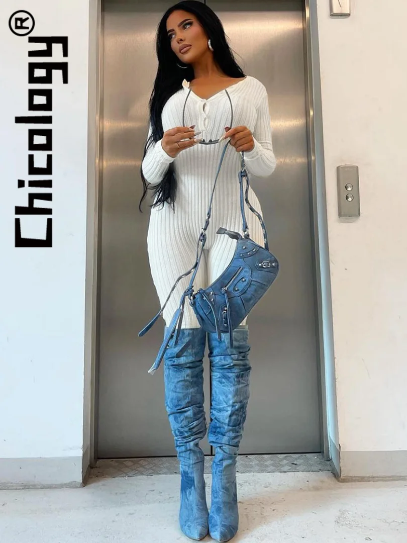 

Chicology Casual Slim Knitting Long Sleeve White Jumpsuit Fall Winter One-Pieces Streetwear Party 2022 Women Clothes Wholesale