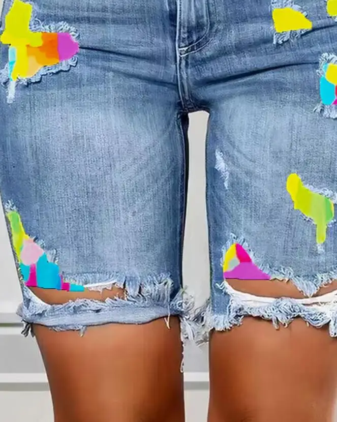 Women Fashion Tie Dye Print Ripped High Waist Denim Shorts European & American Women's Skinny Jeans Shorts