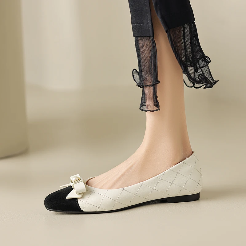 Sweet Comfortable Soft Flats Girls Cow Leather Shoes Summer 2023 Argyle Patchwork Size 34-40 Square Toes Casual Daily Footwear