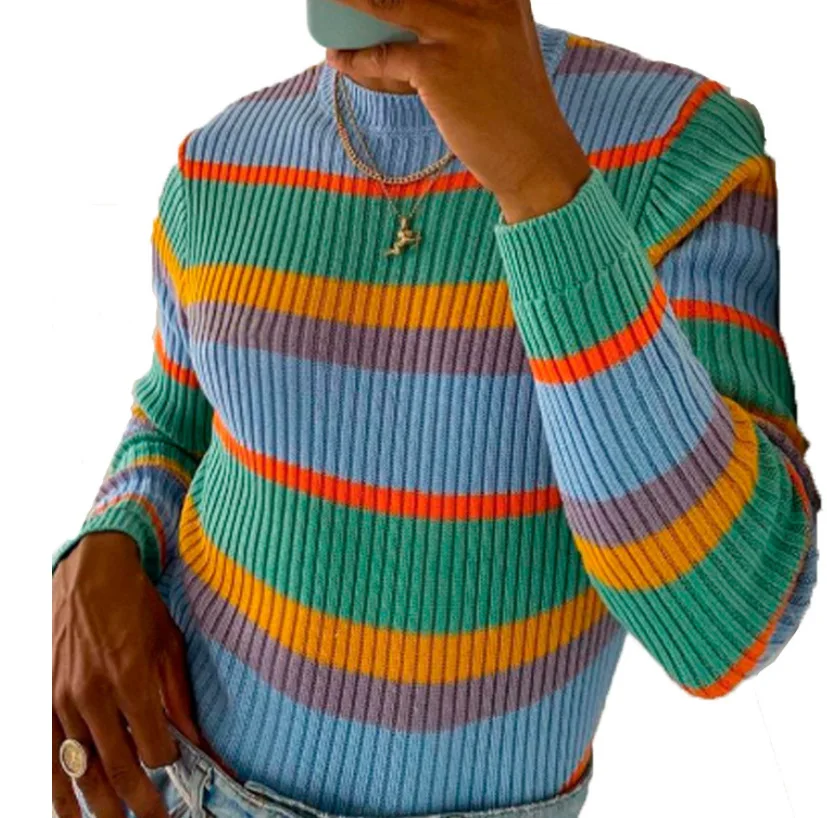 

Новинка Осень/Зима 2023 Корейская версия приталенный Повседневный вязаный свитер в радужную полоску с блокировкой цвета для мужчин