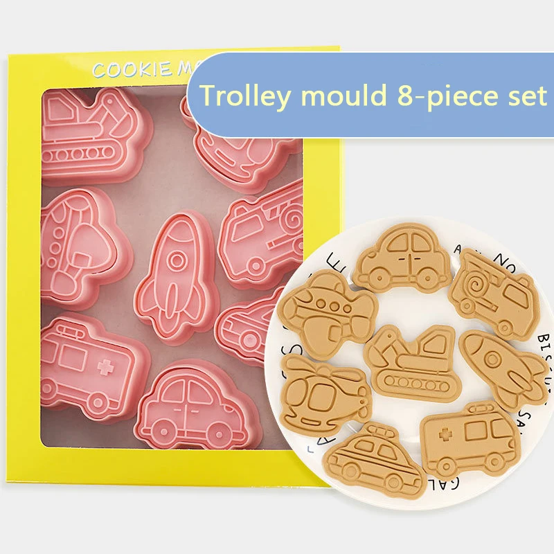 

8 pcs Biscuit Stamper Cute Cartoon Figure Stamp Impress DIY Car Plane Shape Cookie Cutter Cookie Making Mold