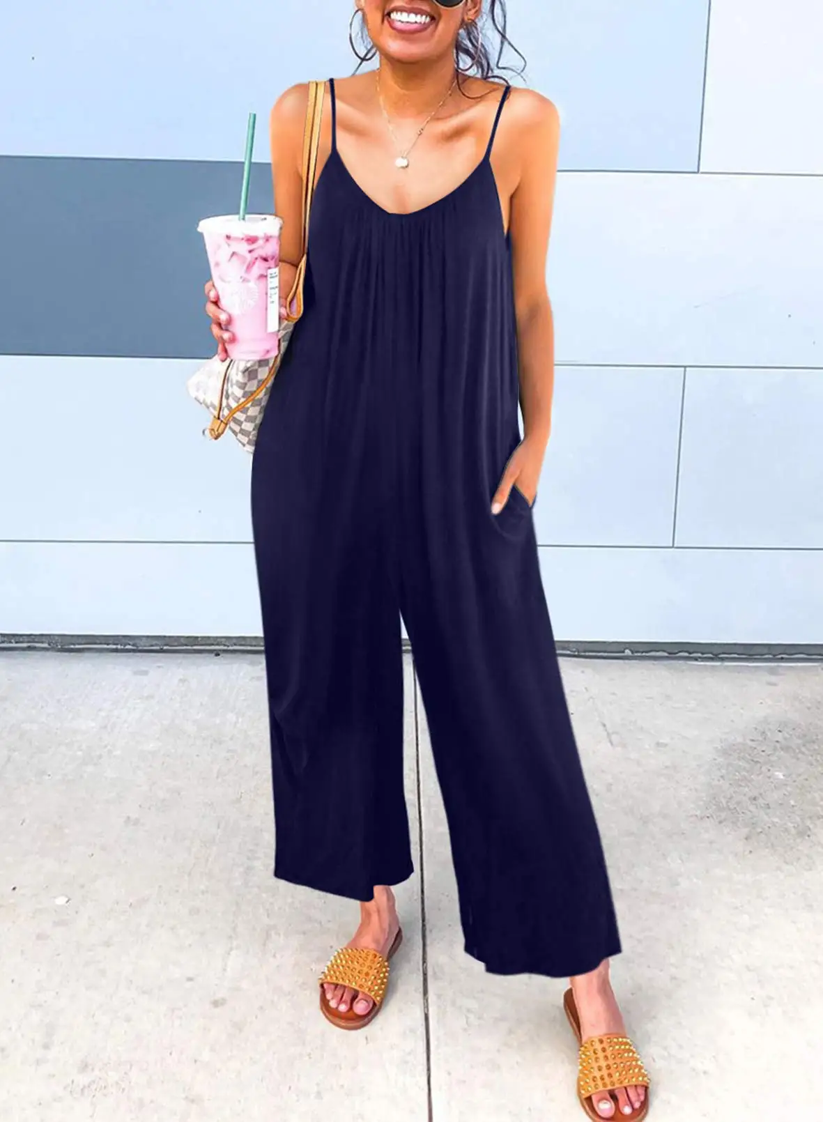 Casual Loose Jumpsuit Women 2023 Summer Spaghetti Strap Sleeveless Stretchy Wide Leg Rompers with Pockets Oversized Jumpsuits