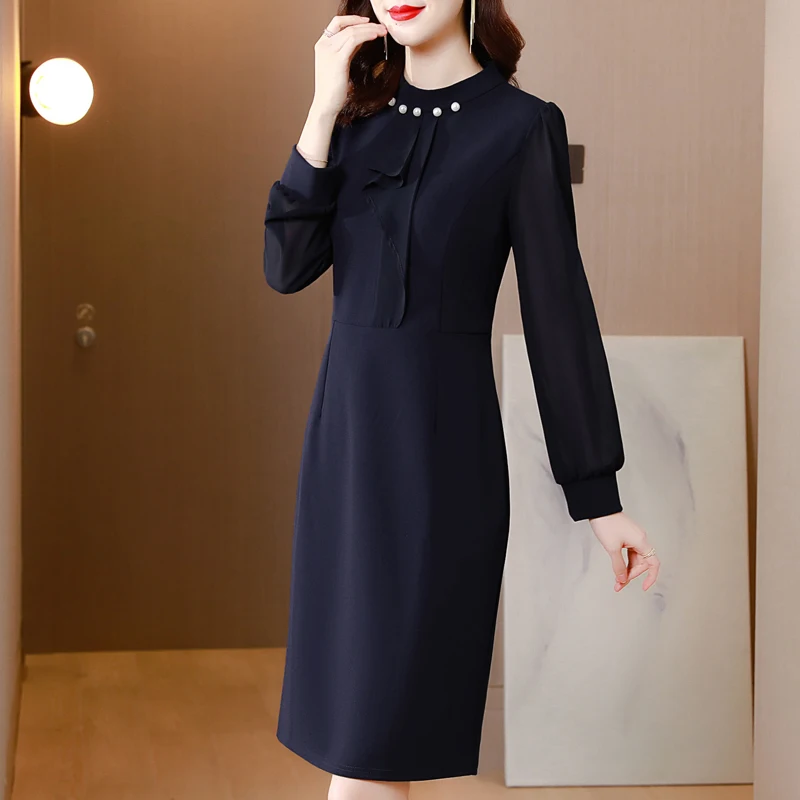 

COIGARSAM Women's Fashion Dresses Spring 2022 New Patchwork Chiffon Navy Dress Dropshipping