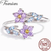 trumium 925 sterling silver female purple flower crystal ring blue leaves wedding rings for women dainty engagement jewelry