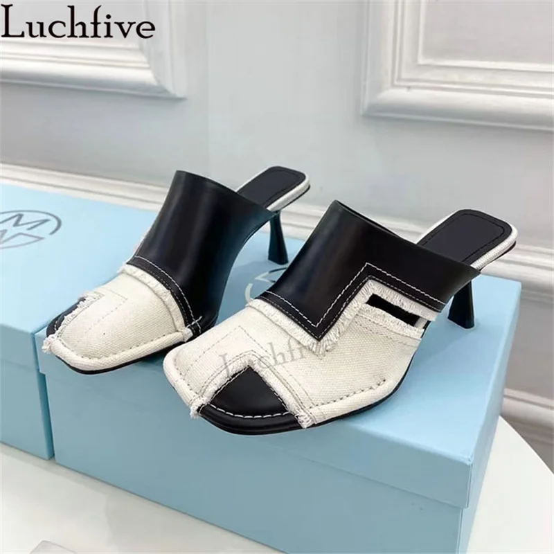 

New Splicing Old Square Wrap Toe Luxury Brand Slippers Women Mid Heel Mules Slippers Summer Sexy Fashion Week Runway Party Shoes