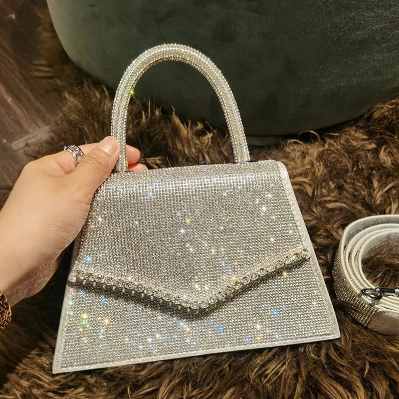

Handle Rhinestones Crystal shoulder bag luxury Designer Purses and handbag Femme Evening clutch Bag silver shiny crossbody bag