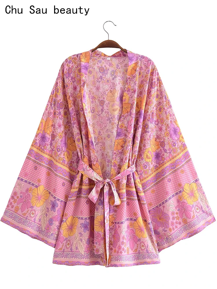 

Chu Sau beauty 2023 Women Summer Fashion Vintage Floral Print Loose Kimono Boho Style Long Blouses Chic Sashes Cardigans Tops