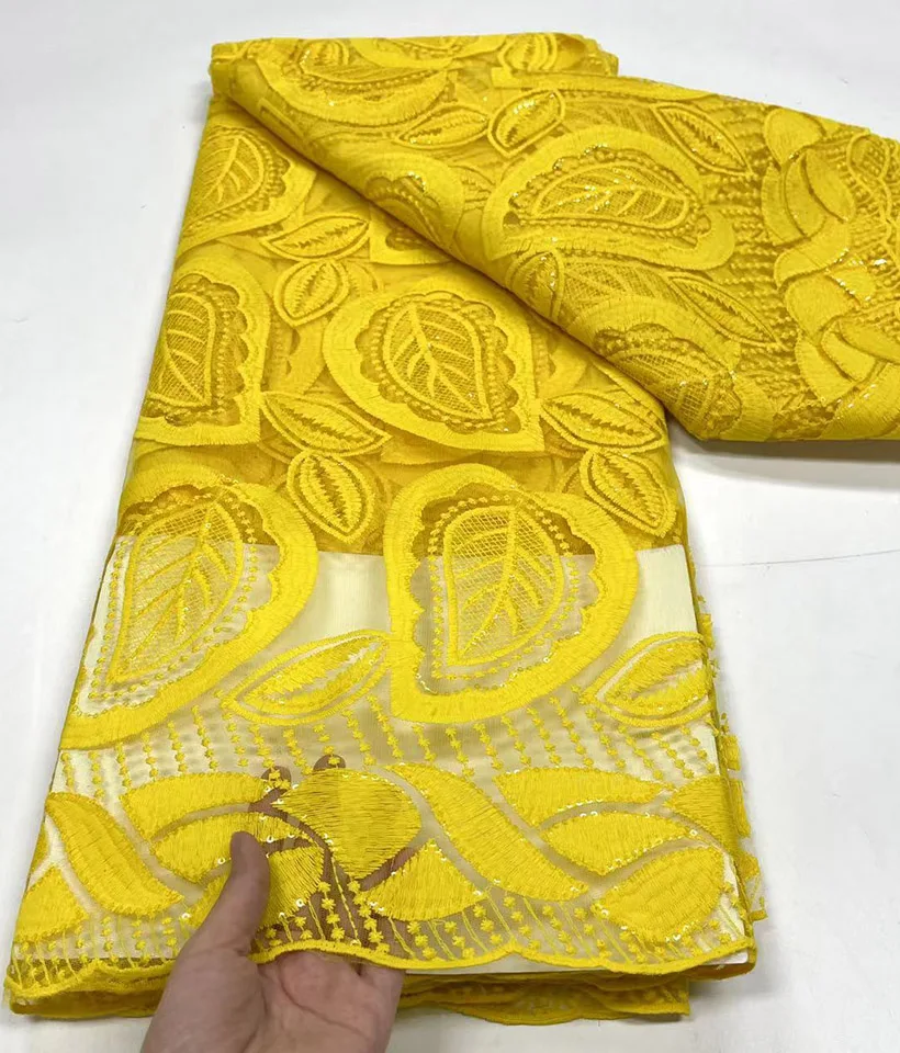 

Высококачественная вышитая французская Тюлевая Кружевная Ткань 5 ярдов желтая африканская сетчатая кружевная ткань нигерийская гипюровая...