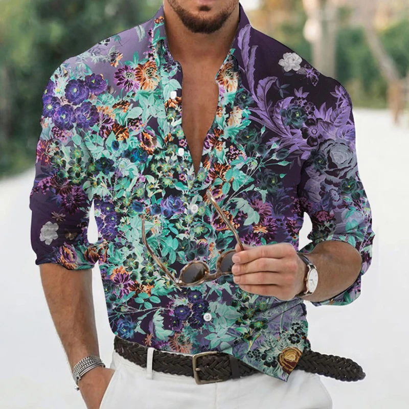 

Men's Autumn Polyester Long Sleeve Shirt Floral Print Casual Male Top Turn-down Collar Shirts Clothes Blouse Clothing For Men