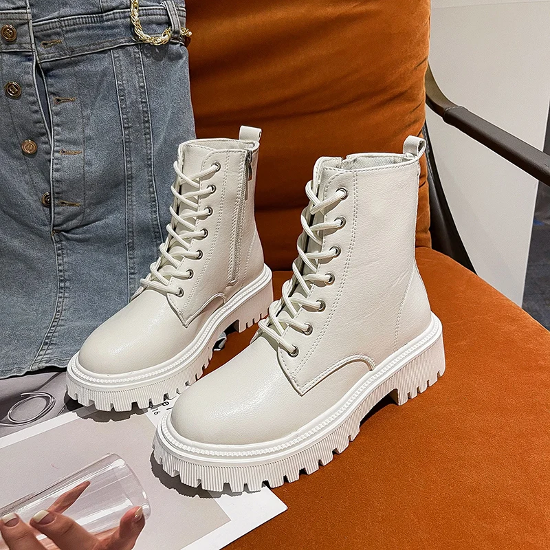 

Beige black plush warm fur short boots women's 2022 autumn and winter motorcycle boots thick-soled gothic shoes women's combat