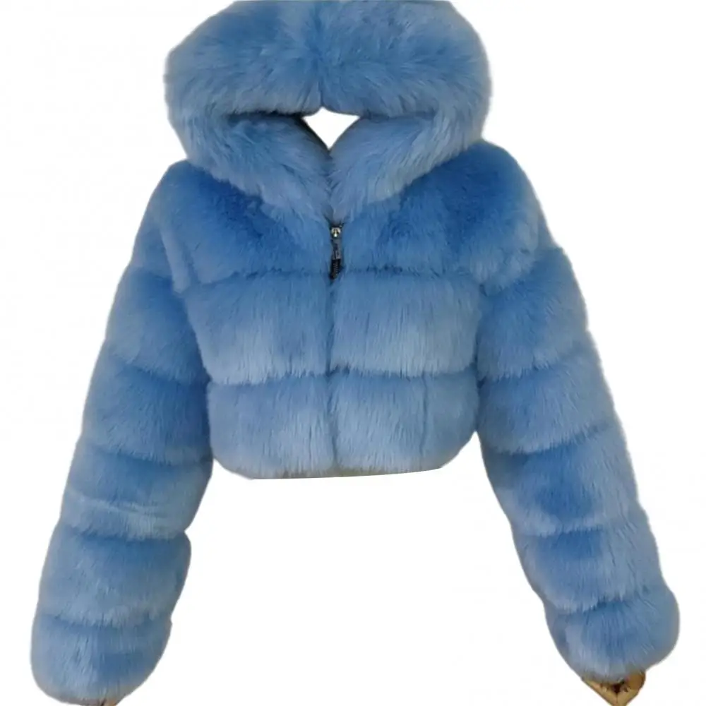 

Women Fashion Winter Faux Fur Cropped Coat Fluffy Zip Hooded Warm Short Jacket