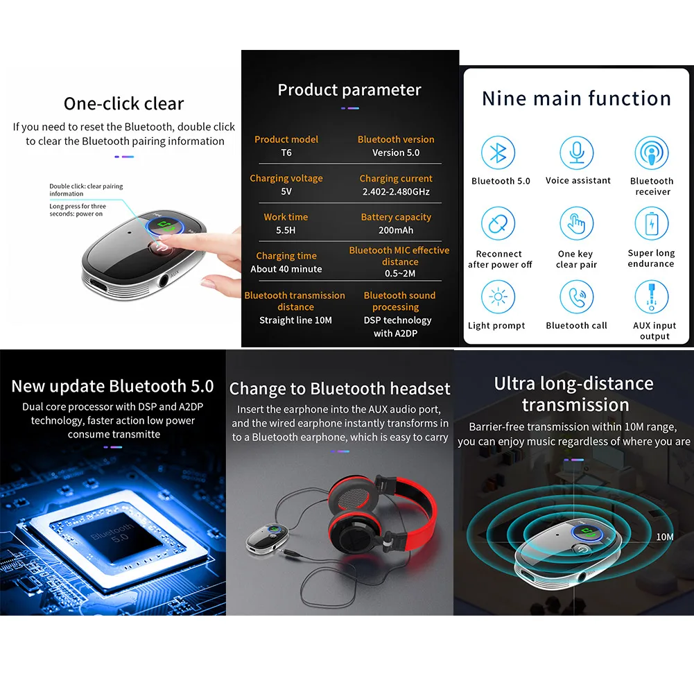 

1x Fashion Car Wireless Bluetooth 5.0 Receiver Black Silver Adapter 3.5mm AUX Audio Stereo Music Plastic 87.5-108Mhz Durable
