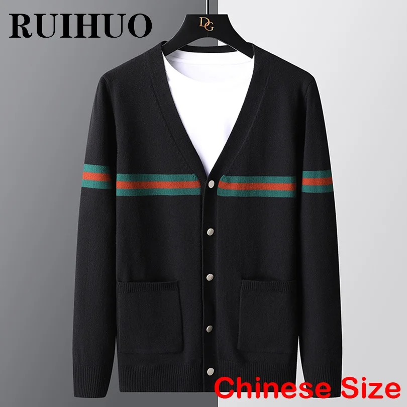 

RUIHUO Striped Black Men Cardigan Luxury Jumper Mens Sweaters Clothing Chinese Size 4XL 2022 Autumn Winter New Arrivals