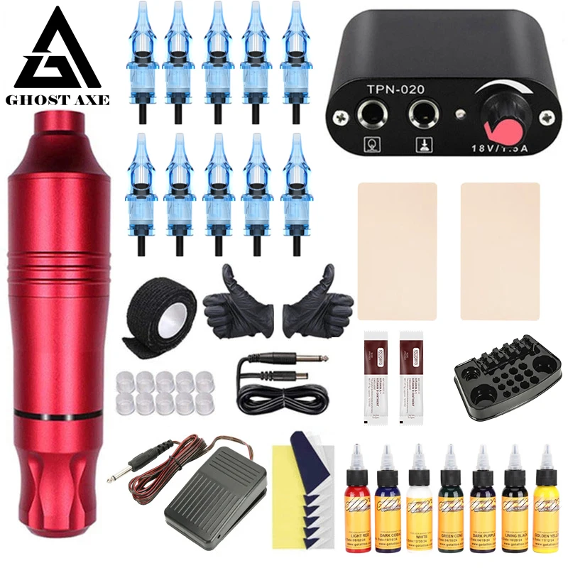 Rotary Tattoo Machine Kit for Beginners Tattoo Machine Kit with Cartridges Needles 7 Color Inks Power Supply Tattoo Pen Kit Red