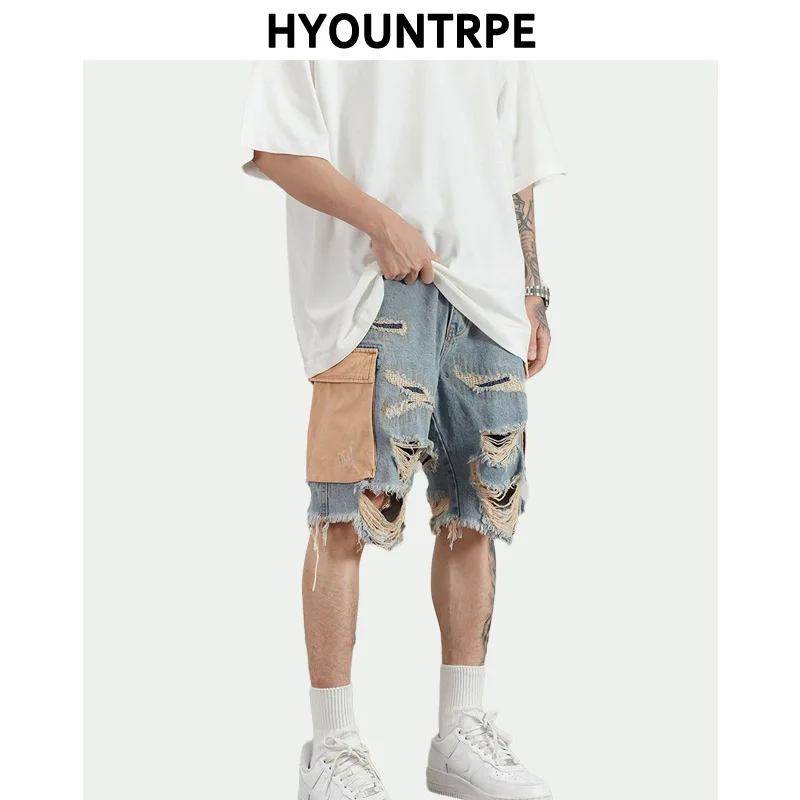 

Hip Hop Loose Shorts Pants Fashion Harajuku Destroy Ripped Holes Half Baggy Jeans Pant Mens Summer Casual Streetwear Joggers