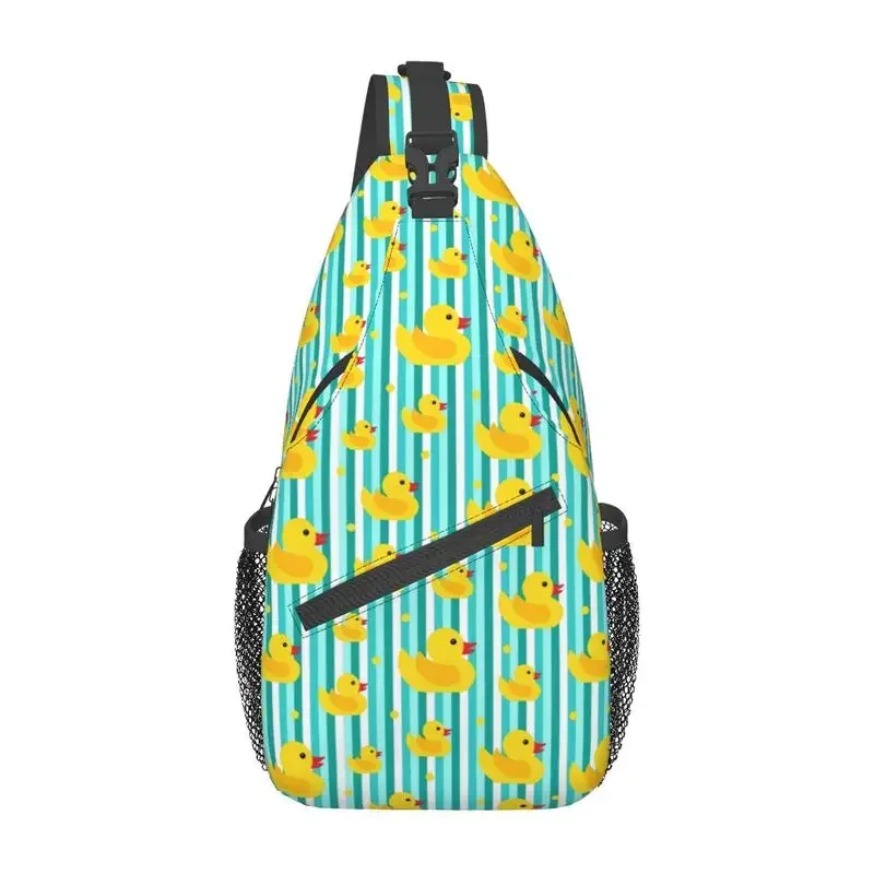 

Yellow Ducks Blue Stripes Crossbody Sling Backpack Men Custom Animal Cartoon Chest Shoulder Bag for Travel Hiking Daypack