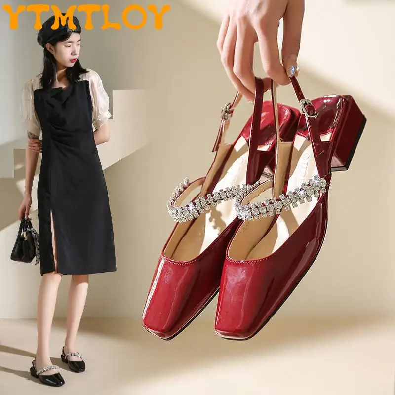 

Baotou Mary Jane Shoes Women's Sandals 2022 New Fairy Style Buckle Square Head Rhinestone Back Empty Thick Heel High Heels